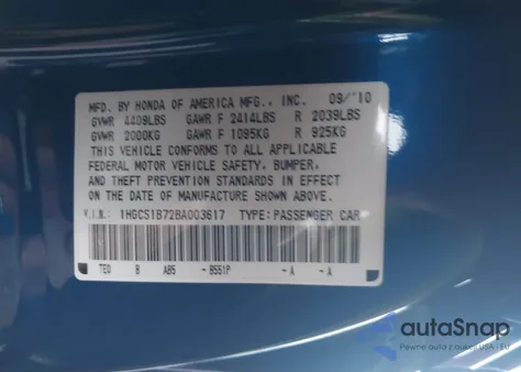 2011 Honda Accord 2.4 Ex from USA, damaged, VIN 1HGCS1B72BA003617